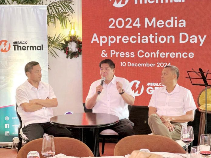 CLEANER ENERGY SOURCES. Jaime Azurin, president of MGen Thermal Energy Corp. (center), answers questions from the media about the company’s transition plans to renewable and nuclear energy. Also present during the press briefing and media appreciation party are Antonio Cabalhug Jr. (left), first vice president for Panay site operations of MGen Global Business Power; and Dominic Camu, head of global operations and chief operating officer.