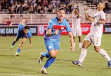 Philippines’ Bjorn Kristensen celebrates after connecting his penalty against Myanmar. PHOTO COURTESY OF MAUPHOTOGZ