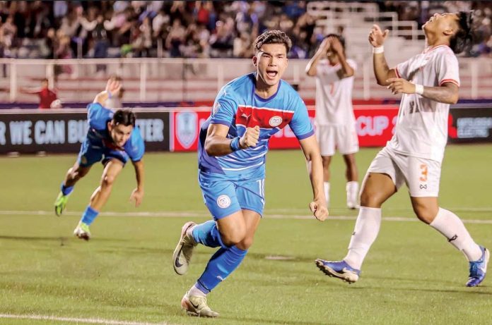 Philippines’ Bjorn Kristensen celebrates after connecting his penalty against Myanmar. PHOTO COURTESY OF MAUPHOTOGZ