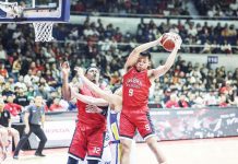 Barangay Ginebra San Miguel Kings’ Earl Scottie Thompson skies for the offensive rebound. PBA PHOTO