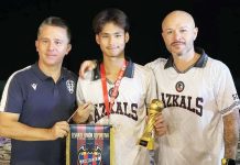 Coach Daniel Pastor, Head of International Training Area for Levante UD, with Joshua Gabriel Moleje, a talented young Azkals Development Academy U15 footballer from Bacolod City, and ADA founder, former Azkals team captain Stephan Schröck. CONTRIBUTED PHOTO