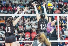 Choco Mucho Flying Titans’ Katrina Tolentino tries to score against the defense of Farm Fresh Foxies’ Trisha Tubu. PVL PHOTO