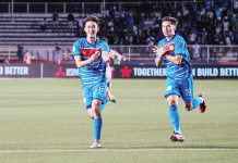 Philippine men’s football team’s Sandro Reyes celebrates after scoring the opening goal against Thailand. PFF PHOTO