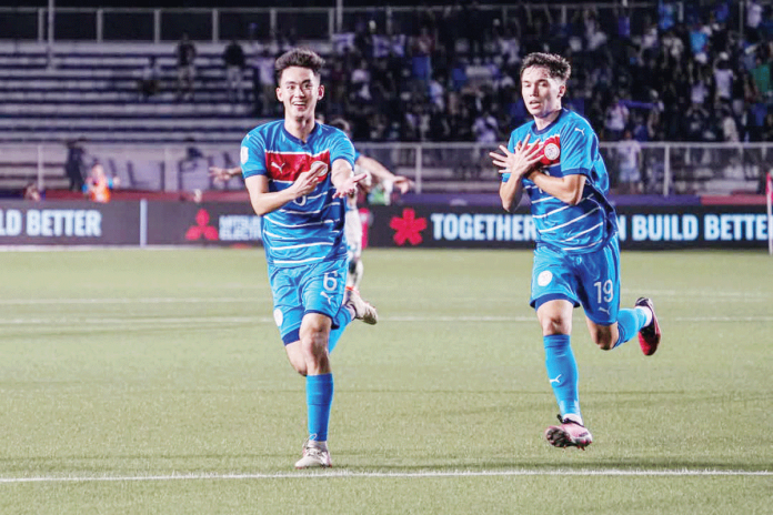 Philippine men’s football team’s Sandro Reyes celebrates after scoring the opening goal against Thailand. PFF PHOTO