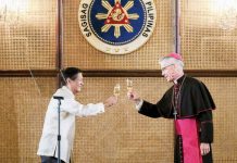 President Ferdinand Marcos Jr. and Apostolic Nuncio to the Philippines Archbishop Charles Brown propose a toast during the annual Vin D’ Honneur (wine of honor) for government officials and diplomatic corps at the Malacañan Palace on January 11, 2025. YUMMIE DINGDING, PPA