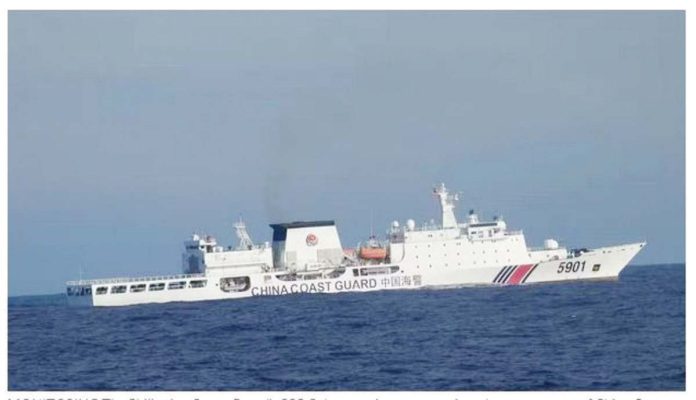 The Philippine Coast Guard’s BRP Cabra continues to monitor the movements of China Coast Guard vessel 5901, also called “The Monster,” in the country’s exclusive economic zone off the coast of Zambales. Photo from the X account of Commodore Jay Tarriela