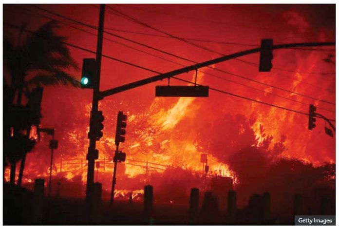 In Los Angeles, California, A windstorm whipped a seemingly typical brush fire into a raging inferno within a matter of hours on Tuesday, sending the blaze racing towards the Pacific Palisades area. GETTY IMAGES