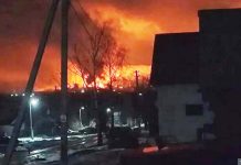 Social media users posted photos of flames rising into the sky near the Lukoil company depot in Kstovo, Russia hit by a Ukrainian drone. ASTRA