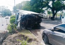 A delivery van turned turtle after being involved in a collision with a private car on Araneta Street, Barangay Singcang Airport, Bacolod City on Nov. 25,2024. RMN DYHB BACOLOD 747/FACEBOOK PHOTO