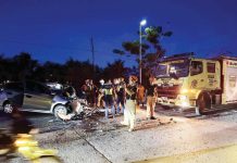 Two people were killed when a speeding car collided with a 10-wheeler truck in Barangay Tacas, Jaro, Iloilo City early Monday morning, Jan. 27, 2025. The impact had also severely damaged the car's front portion. K5 NEWS FM ILOILO 88.7 DIGITAL PHOTO