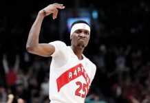 Chris Boucher gestures after hitting a timely three-pointer in Toronto Raptors’ upset win over the Golden State Warriors. Photo courtesy of Nathan Denette/CP