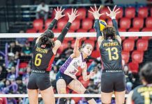 Choco Mucho Flying Titans’ Cherry Rondina scores against two PLDT High Speed Hitters defenders. PVL PHOTO