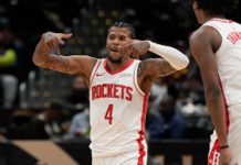 Filipino-American guard Jalen Green of Houston Rockets gestures after a three-point conversion. PHOTO COURTESY OF THE CANADIAN PRESS