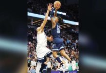 Memphis Grizzlies' Ja Morant attacks the defense of Minnesota Timberwolves' Rudy Gobert for an inside hit. AP PHOTO