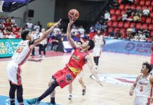 Rain or Shine Elasto Painters’ Mike Malonzo goes for a tough shot against the defense of NorthPort Batang Pier’s Arvin Tolentino. PBA PHOTO