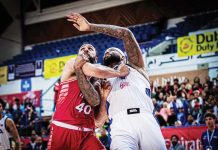 Strong Group Athletics-Pilipinas’ DeMarcus Cousins battles Beirut First’s Mohamad Ali Haidar for the rebound. PHOTO COURTESY OF DUBAI BASKETBALL CHAMPIONSHIP