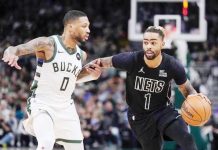 Brooklyn Nets guard D’Angelo Russell tries to get past the defense of Milwaukee Bucks guard Damian Lillard. AP PHOTO/MORRY GASH