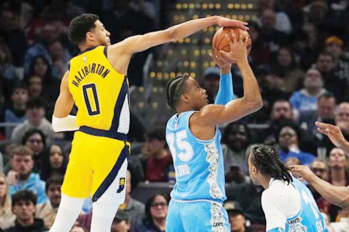 Indiana Pacers’ Tyrese Haliburton blocks the shot attempt of Cleveland Cavaliers’ Isaac Okoro. AP