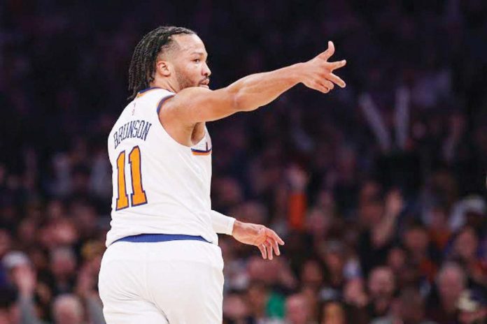 New York Knicks’ Jalen Brunson gestures after scoring a three-pointer. AP