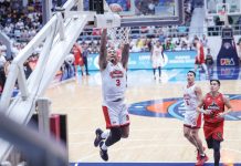 Barangay Ginebra San Miguel Kings’ Jamie Malonzo soars for a two-handed dunk. PBA PHOTO