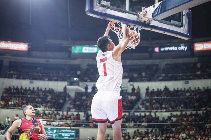 Barangay Ginebra San Miguel Kings’ Jeth Troy Rosario scores on a two-handed dunk. PBA PHOTO