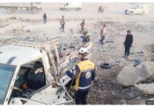 White Helmets first responders from the Syria Civil Defence inspect a bomb-damaged van in Manbij, northern Syria on February 3, 2025. Some of the 15 wounded were in a critical condition. SYRIA CIVIL DEFENCE