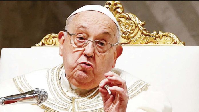 Pope Francis in white and gold vestments and glasses leads prayers at Saint Peter's Basilica at the Vatican at the beginning of February. REUTERS