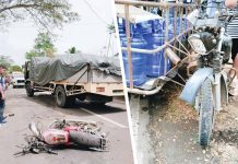 Two people died after their motorcycle overtook a truck before it crashed into a top-down tricycle yesterday afternoon in Barangay Nanga, Pototan, Iloilo. PHOTOS COURTESY OF PITIK NI AYIE FACEBOOK PAGE