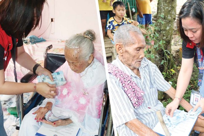 (left) Aurora Bullos, a 100-year-old resident of Carles, Iloilo, receives her P100,000 cash gift and certificate of recognition from the Department of Social Welfare and Development (DSWD), celebrating her remarkable milestone as a centenarian. (right) Roberto Borres-Bedo, a centenarian from Batad, Iloilo, is handed his P100,000 cash gift by a social welfare officer, acknowledging his extraordinary longevity and contributions to society. DSWD-6 PHOTOS