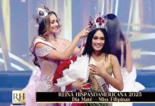 Maricielo Gamarra (left) from Peru crowned Dia Mate from the Philippines as her Reina Hispanoamericana successor on Monday, Feb. 10 (Manila time). SCREENGRABBED/REINA HISPANOAMERICANA