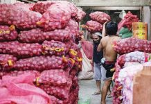 Workers unload bags of red onions inside a storage area in Divisoria market in Manila. Data from the Bureau of Plant Industry showed that red onion stocks in storage stood at 8,500 metric tons, while white onion stocks were at 1,628 metric tons as of mid-January. GEORGE CALVELO, ABS-CBN NEWS/FILE PHOTO