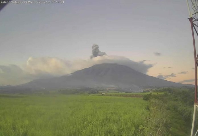 A second ash emission event occurred at the summit of Mt. Kanlaon at 5:55 p.m. pm on Saturday, Feb. 15, 2025, lasting four minutes based on the seismic record. It generated a grayish plume that rose 700 meters above the summit crater before drifting west-northwest. SCREENSHOT FROM PHIVOLCS VIDEO