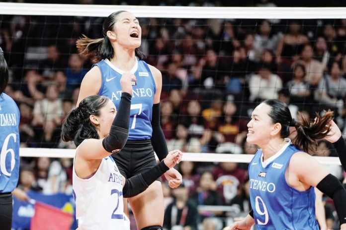 Sophia Beatriz Buena celebrates with her Ateneo de Manila University Blue Eagles teammates after their straight set win over University of the Philippines Fighting Maroons. UAAP PHOTO