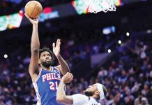 Philadelphia 76ers’ Joel Embiid scores against the defense of Dallas Mavericks' Daniel Gafford. AFP PHOTO