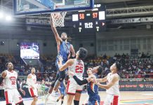 Meralco Bolts’ Akil Mitchell soars for a layup. PBA PHOTO