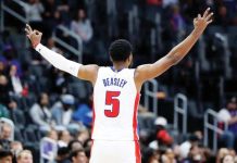 Detroit Pistons guard Malik Beasley (5) celebrates after converting a three-pointer. PHOTO COURTESY OF RICK OSENTOSKI/IMAGN IMAGES