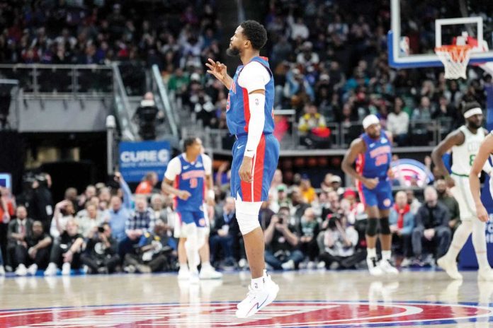 Detroit Pistons guard Malik Beasley reacts after scoring a three-point basket against Boston Celtics. PHOTO COURTESY OF NIC ANTAYA/GETTY IMAGES