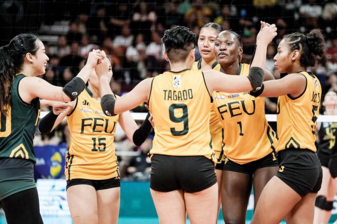 Members of Far Eastern University Lady Tamaraws celebrate after defeating University of Santo Tomas Golden Tigresses. UAAP PHOTO