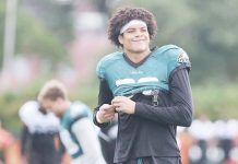 Johnny Wilson, who has Filipino heritage through his mother Leslie, was utilized as one of the wide receivers by head coach Nick Sirianni during the decisive championship game of the Philadelphia Eagles in the Super Bowl LIX. PHOTO COURTESY OF PHILADELPHIA INQUIRER