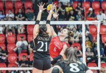 Ishie Lalongisip of Cignal HD Spikers tries to score against the defense of Guimarasnon Jovelyn Gonzaga of ZUS Coffee Thunderbelles. PVL PHOTO