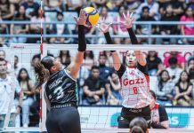 Ilongga Aiza Maizo-Pontillas of Petro Gazz Angels attempts to block the shot of Galeries Tower Highrisers’ Ysabel Jimenez. PVL PHOTO