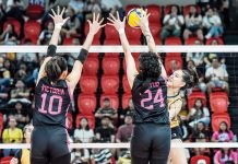 Capital1 Solar Energy Solar Spikers’ Leila Cruz had her shot blocked by the defense of Negrense Christine Joy Soyud of Akari Power Chargers. PVL PHOTO