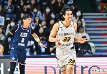 Carl Tamayo of Changwon LG Sakers celebrates after scoring a three-pointer. KBL PHOTO