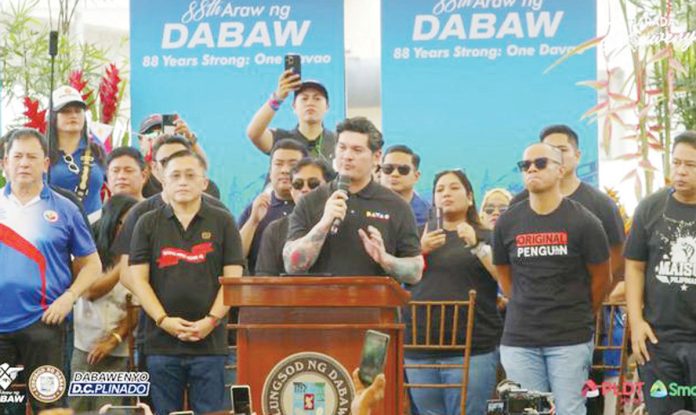 Davao City’s Mayor Sebastian Duterte curses President Ferdinand Marcos Jr. over the “illegal” arrest of his father, former President Rodrigo Duterte during the 99th Araw ng Dabaw celebration on March 16. SCREENSHOT FROM ARAW NG DABAW FACEBOOK LIVE