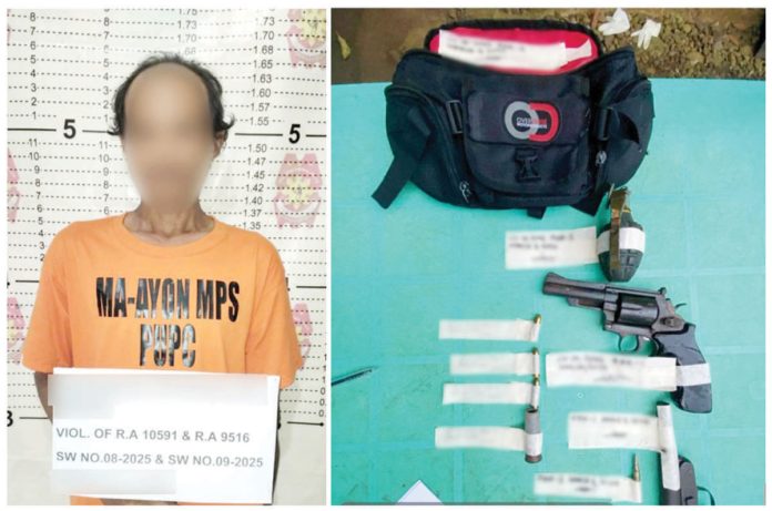 Two guns, ammunition and a grenade were seized from alias"Nante" in a raid in Barangay Cabungahan, Maayon, Capiz on March 5, 2025. CAPIZ PPO PHOTOS