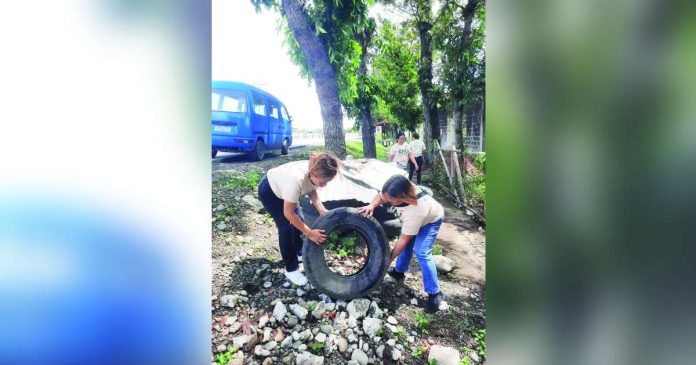 Old tires can hold stagnant water that might become mosquito breeding sites. Photo shows barangay health workers of Jibao-an, Pavia, Iloilo discarding an old tire containing stagnant water during the “Alas-Kwatro Kontra Mosquito” drive. BRGY. JIBA-O PAVIA UPDATES/FB PHOTO