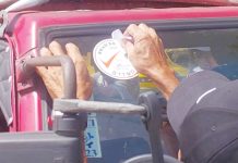 A Bacolod Traffic and Transportation Management Department (BTTMD) officer applies a road safety sticker on a public utility jeepney as part of the ongoing effort to prepare Bacolod City for the phase-out of older jeepneys under the Public Utility Vehicle Modernization Program.