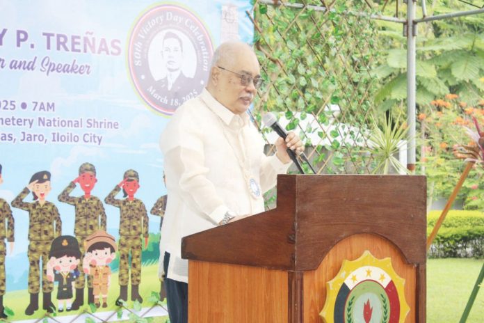 Dr. Engelbert Peralta, son of World War 2 heroes in Panay Island, General Macario Peralta Jr. and wife Natividad, pay homage to his parents’ sacrifice, during the 80th anniversary of the Liberation of Panay, Guimaras, and Romblon yesterday, March 18, at the the Balantang Memorial Cemetery National Shrine in Jaro, Iloilo City. AJ PALCULLO/PN