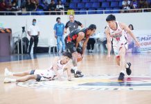 Basilan Viva Portmasters’ Gab Dagangon picks the ball away from a Valenzuela Classic Dynacast player. MPBL PHOTO