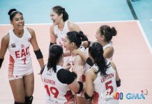 Members of the Emilio Aguinaldo College Lady Generals, led by Ilongga Elizza Alimen, celebrate their win against the San Beda University Lady Red Spikers. PHOTO COURTESY OF NCAA/GMA SPORTS